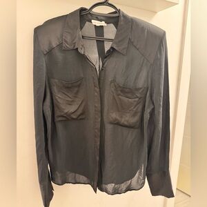 Good American Sheer Black Button Down Blouse Size 3 Shoulder Pads 100% Viscose